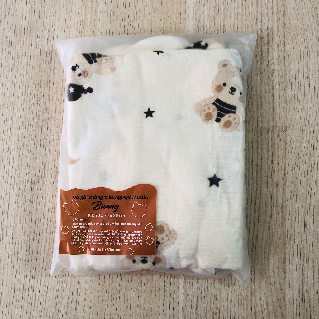 Vỏ gối chống trào ngược KidAndMom Bunny vải xô Muslin kích thước 70x70x20cm