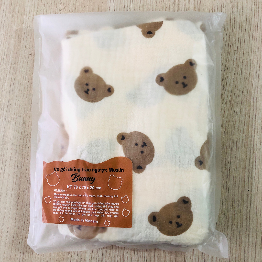 Vỏ gối chống trào ngược KidAndMom Bunny vải xô Muslin kích thước 70x70x20cm