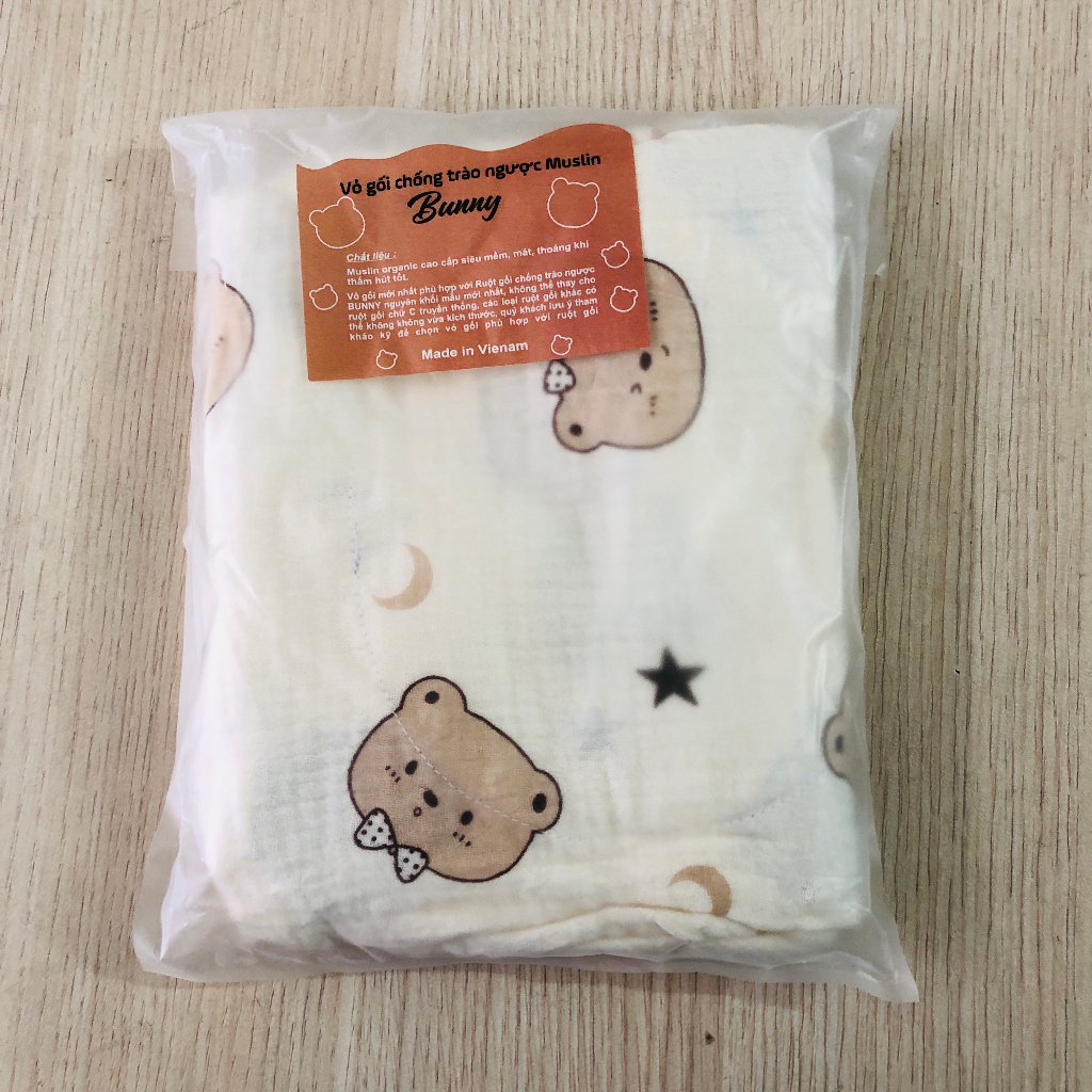 Vỏ gối chống trào ngược KidAndMom Bunny vải xô Muslin kích thước 70x70x20cm