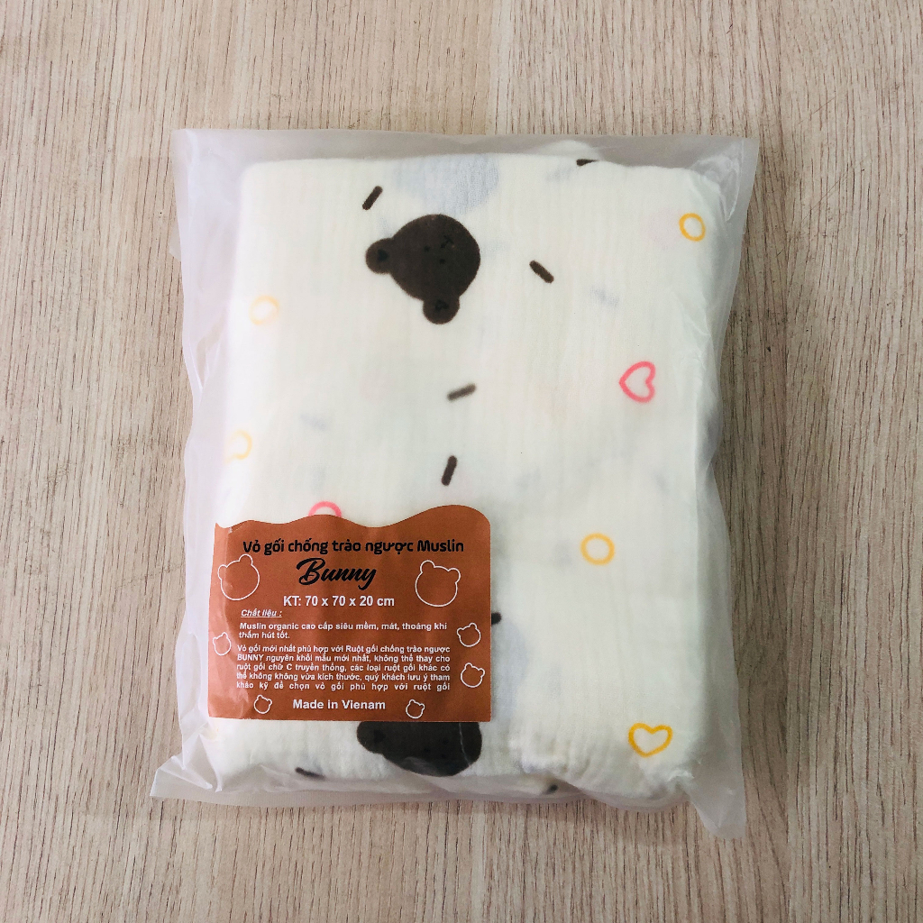 Vỏ gối chống trào ngược KidAndMom Bunny vải xô Muslin kích thước 70x70x20cm