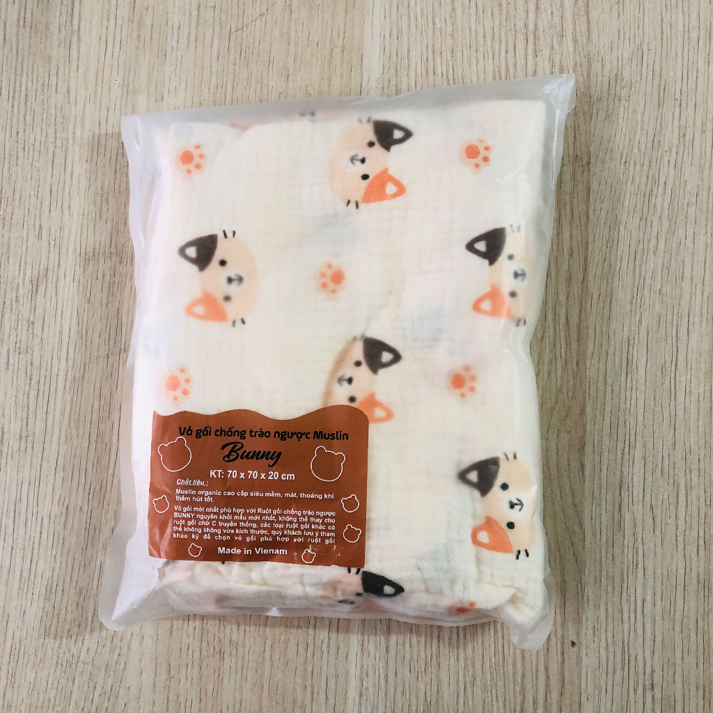 Vỏ gối chống trào ngược KidAndMom Bunny vải xô Muslin kích thước 70x70x20cm