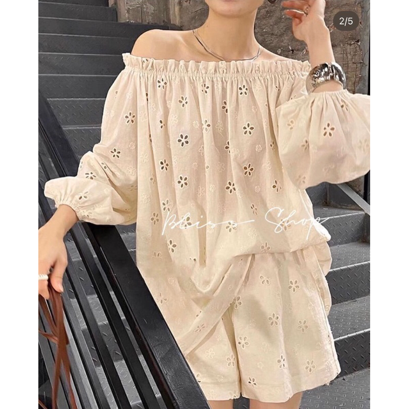 Set Áo Trễ Vai Mix Quần Short Vải Thô Cao Cấp