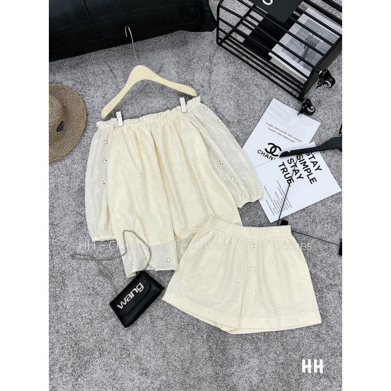 Set Áo Trễ Vai Mix Quần Short Vải Thô Cao Cấp