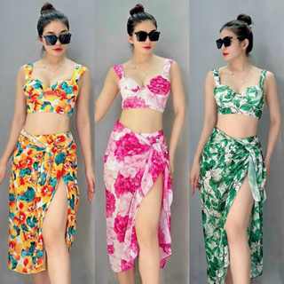  Sét đồ bơi nữ kèm khăn bikini nâng ngực phối quần lưng cao áo tắm che khuyết điểm bụng bự bụng rạn 