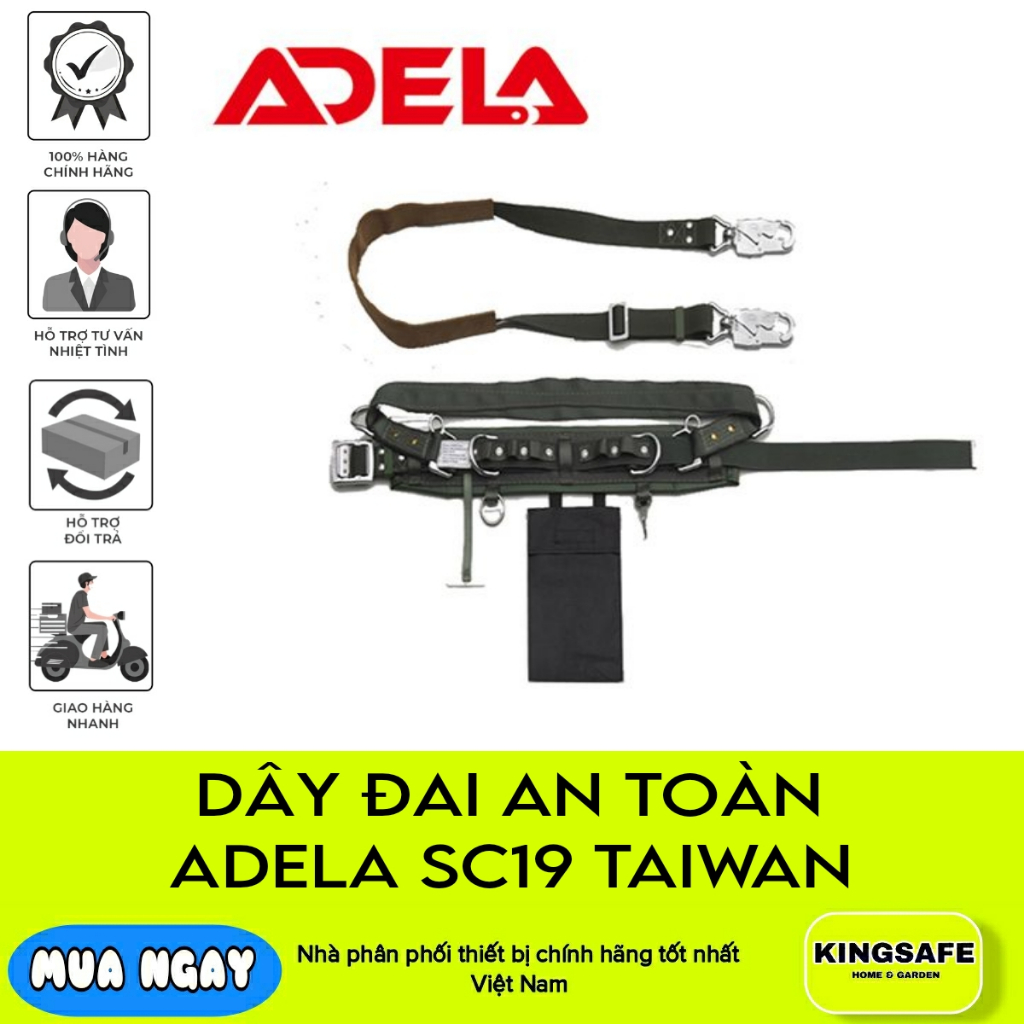 DÂY ĐAI AN TOÀN ADELA SC19 TIÊU CHUẨN ĐIỆN LỰC , CÓ ĐỆM LƯNG , 2 ĐẦU MÓC KIM LOẠI THÉP KHÔNG RỈ ( 1 BỘ )