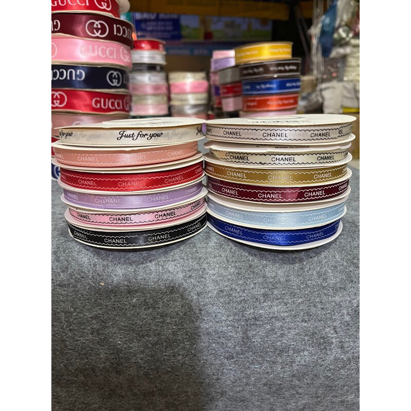 Sỉ ruy băng lụa vải chữ khổ 1cmx 50yards, ruy băng làm nơ gói hoa, bó gói hoa