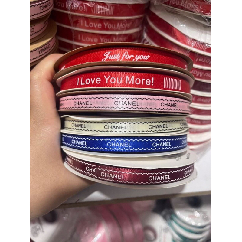 Sỉ ruy băng lụa vải chữ khổ 1cmx 50yards, ruy băng làm nơ gói hoa, bó gói hoa