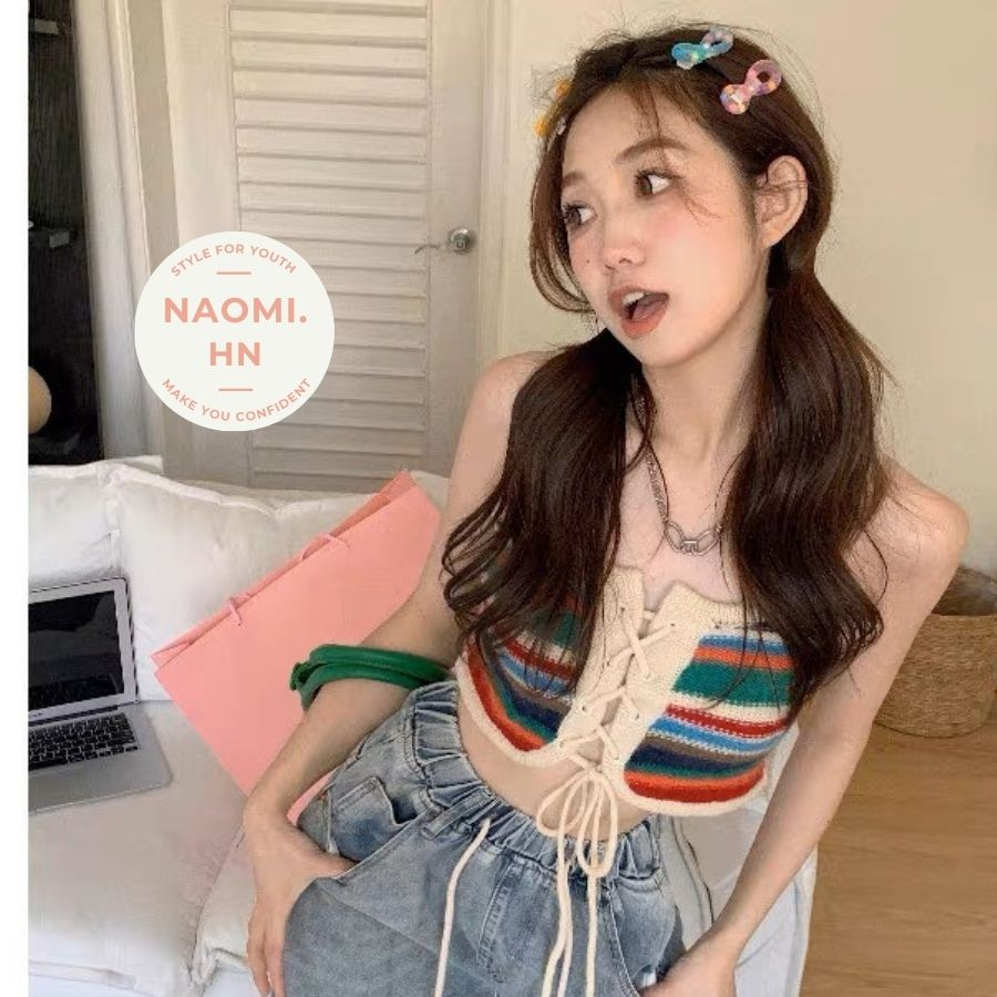 Áo 2 dây len mongini kẻ mặc được 2 kiểu trước - sau dáng croptop màu sắc tươi mới trẻ trung. Áo hai dây buộc dây độc lạ