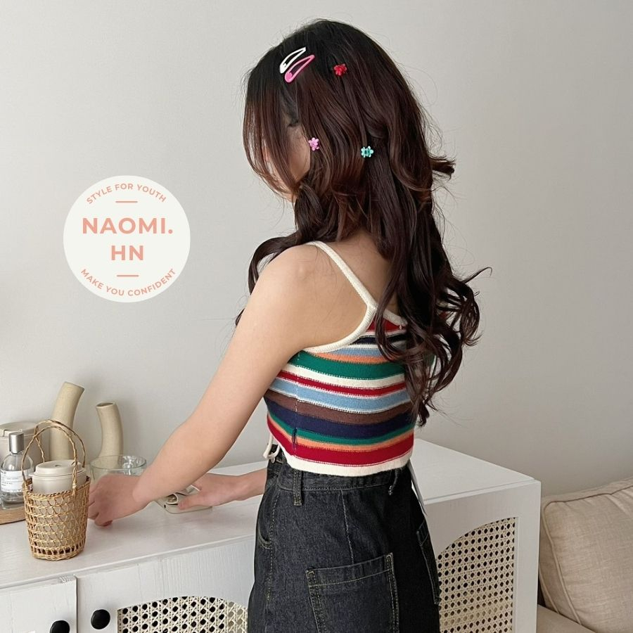 Áo 2 dây len mongini kẻ mặc được 2 kiểu trước - sau dáng croptop màu sắc tươi mới trẻ trung. Áo hai dây buộc dây độc lạ