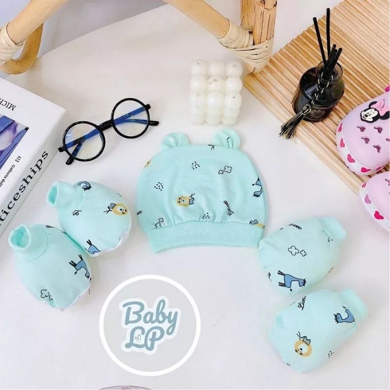 Set mũ kèm bao tay chân Hoạ tiết 5 món cho bé sơ sinh 0-3 tháng