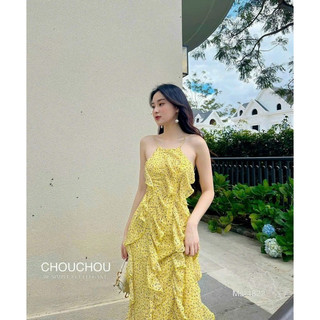 Đầm maxi thời trang nữ mặc đi chơi biển xinh cổ dây cột nơ lưng có mút ngực chất vải voan hoa cao cấp,