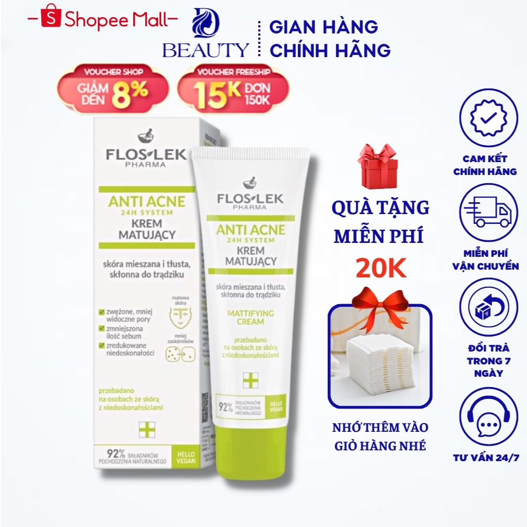 Kem Dưỡng Floslek Anti Acne Mattifying Cream 50ml Chính Hãng - Kem Kiểm Soát Dầu Mụn và Điều Tiết Nhờn