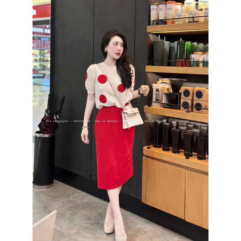 Set váy len mtg chấm bi đỏ