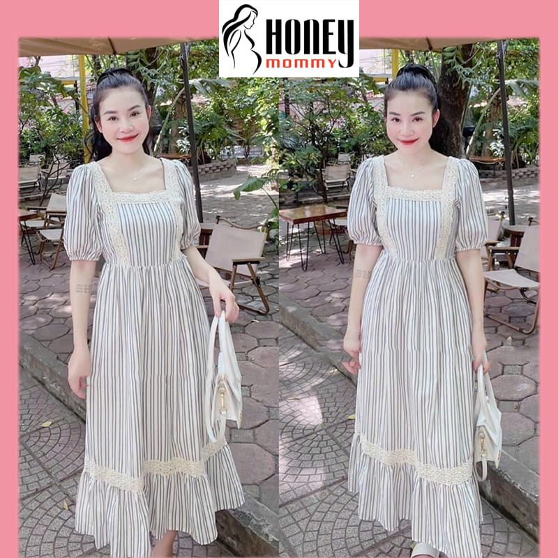 Đầm Bầu Váy Bầu Dáng Dài Cổ Vuông Phối Ren Phong Cách Vintage Xinh Xắn Dễ Thương HD2985 Honey Mommy
