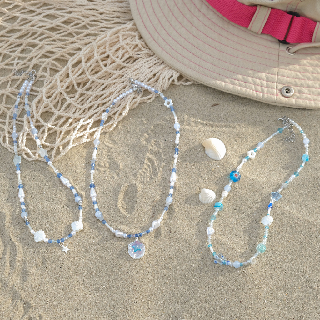 Dây chuyền vòng cổ hạt cườm màu xanh nước biển mùa hè hoạ tiết ngôi sao