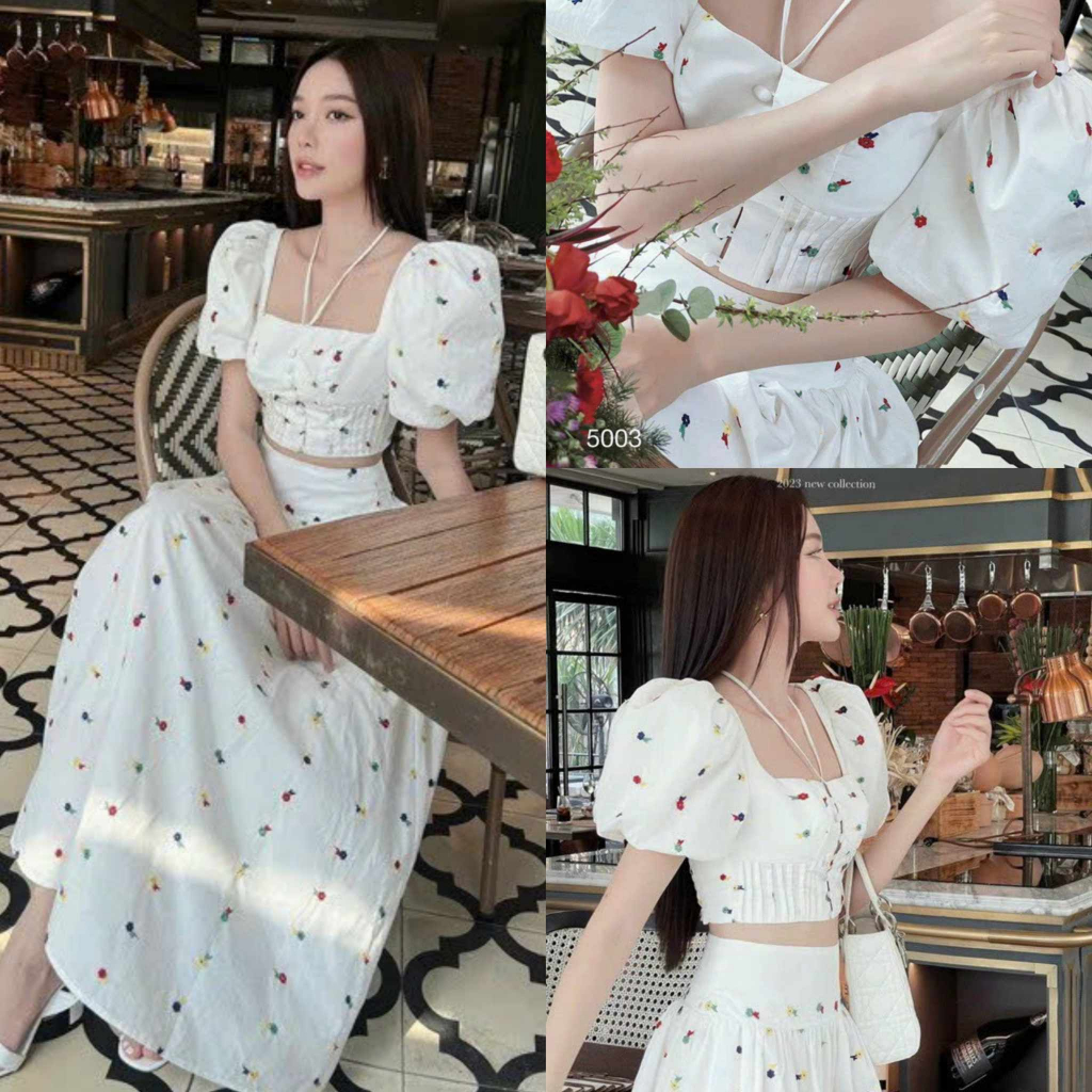 Sét Lụa nữ áo phối dây cổ tay phồng, váy chun eo xòe sang trọng đi tiệc, đi chơi