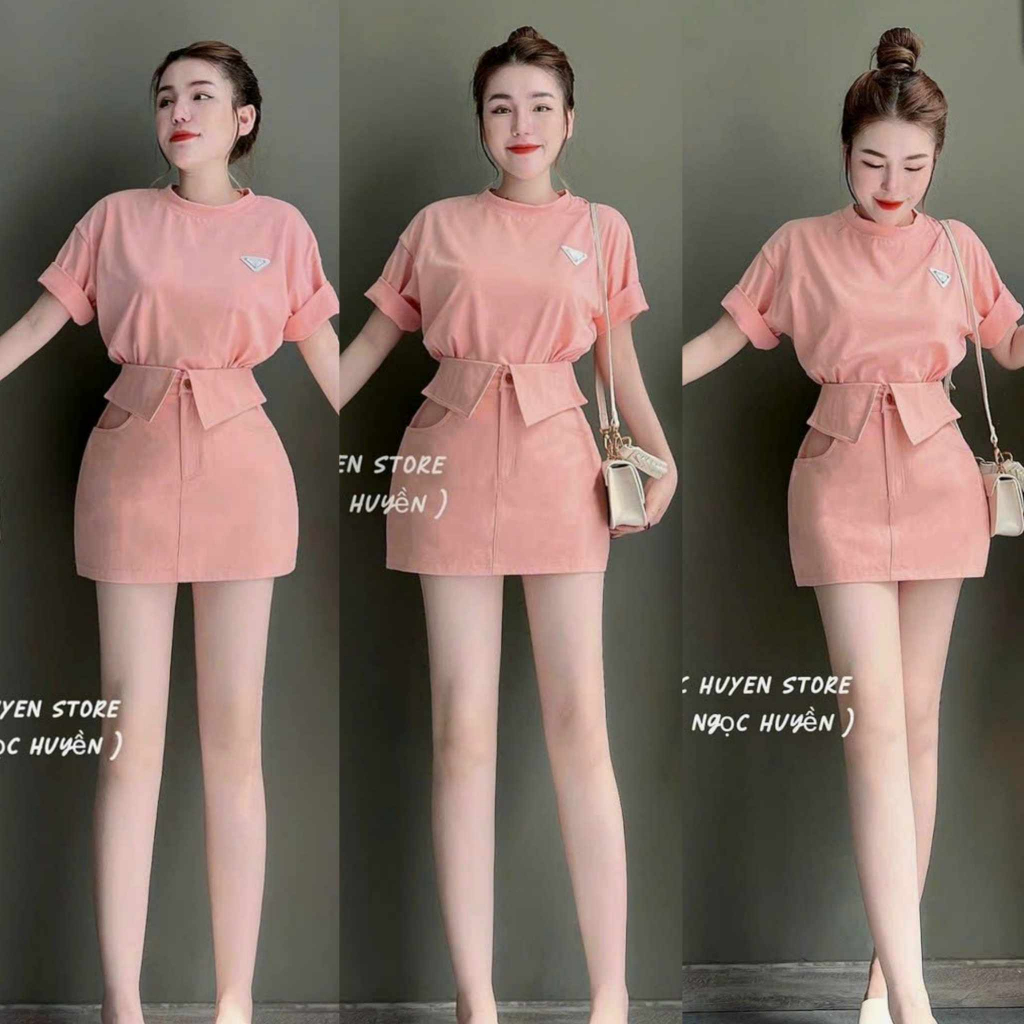 Sét Nữ áo cotton kute, phối váy kaki có lót quần eo kiểu trẻ trung tinh tế