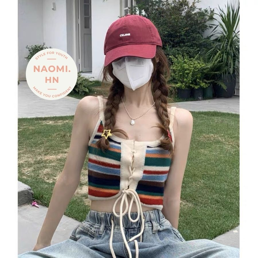 Áo 2 dây len mongini kẻ mặc được 2 kiểu trước - sau dáng croptop màu sắc tươi mới trẻ trung. Áo hai dây buộc dây độc lạ