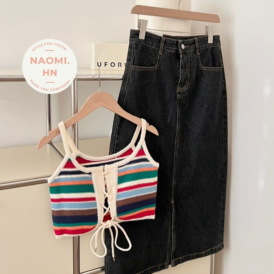 Áo 2 dây len mongini kẻ mặc được 2 kiểu trước - sau dáng croptop màu sắc tươi mới trẻ trung. Áo hai dây buộc dây độc lạ