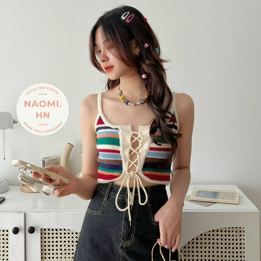 Áo 2 dây len mongini kẻ mặc được 2 kiểu trước - sau dáng croptop màu sắc tươi mới trẻ trung. Áo hai dây buộc dây độc lạ