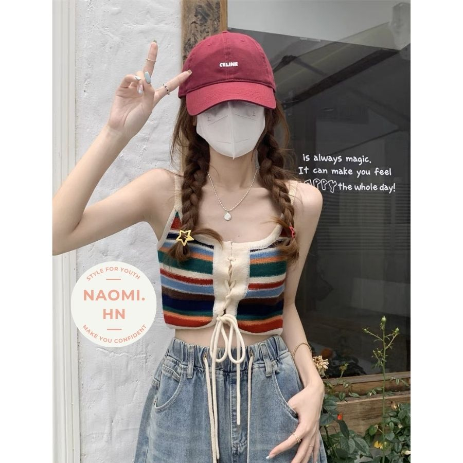 Áo 2 dây len mongini kẻ mặc được 2 kiểu trước - sau dáng croptop màu sắc tươi mới trẻ trung. Áo hai dây buộc dây độc lạ