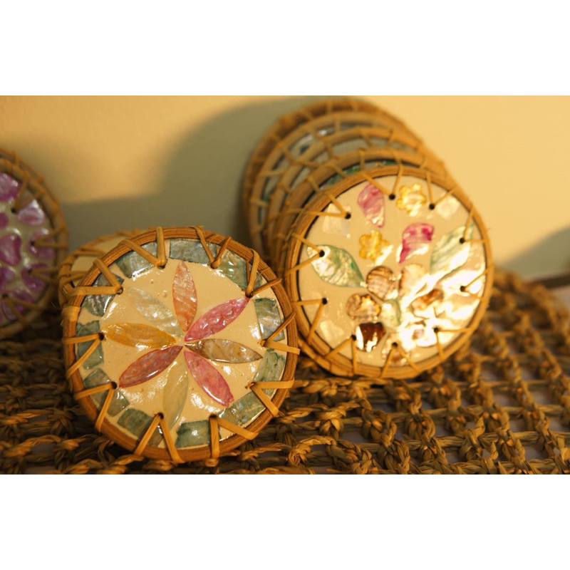 Lót cốc khảm mây tre