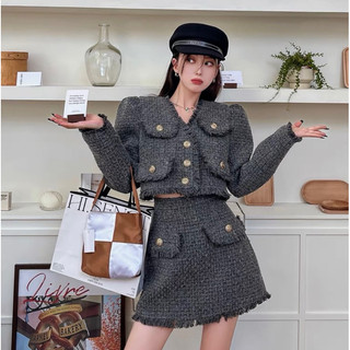 Set dạ tweed tua rua mảu xám siêu sang chảnh, set áo khoác lửng kèm chân váy chữ a_ hàng order qccc
