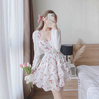 Set váy nữ đi chơi có kèm áo khoác, đầm 2 dây chất vải voan có kèm mút ngực, áo khoác trắng chất cotton,