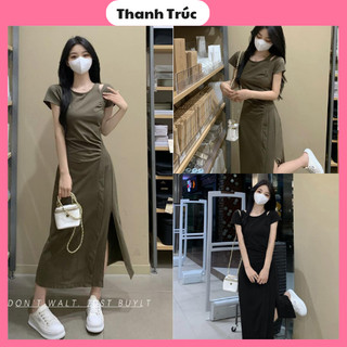 Váy khoét vai đầm thun dáng dài ôm eo xẻ tà có nhúm ngực