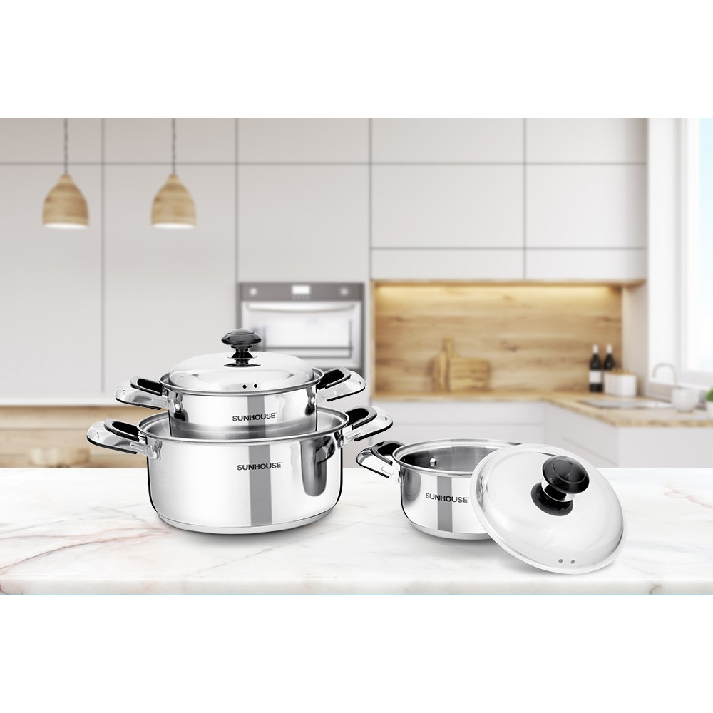 Bộ Nồi Inox 3 Đáy SUNHOUSE SH333 16, 18, 24 cm