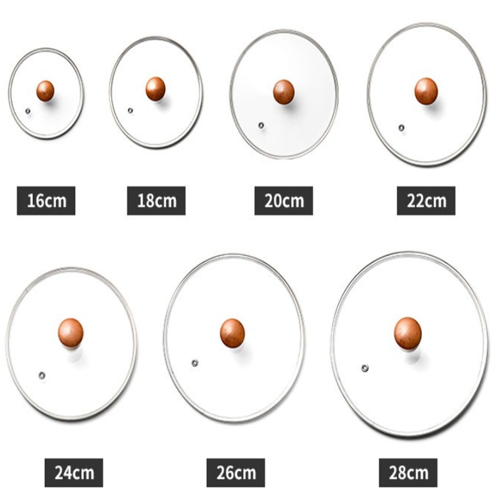 Nắp vung kính cho nồi chảo núm gỗ viền inox cao cấp size 16-26cm