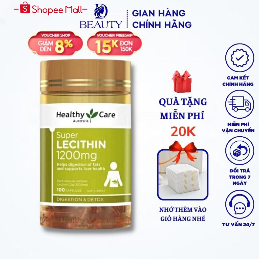 Mầm Đậu Nành Healthy Care Super Lecithin 1200mg viên uống đẹp da, cân bằng nội tiết tố - Lọ 100v