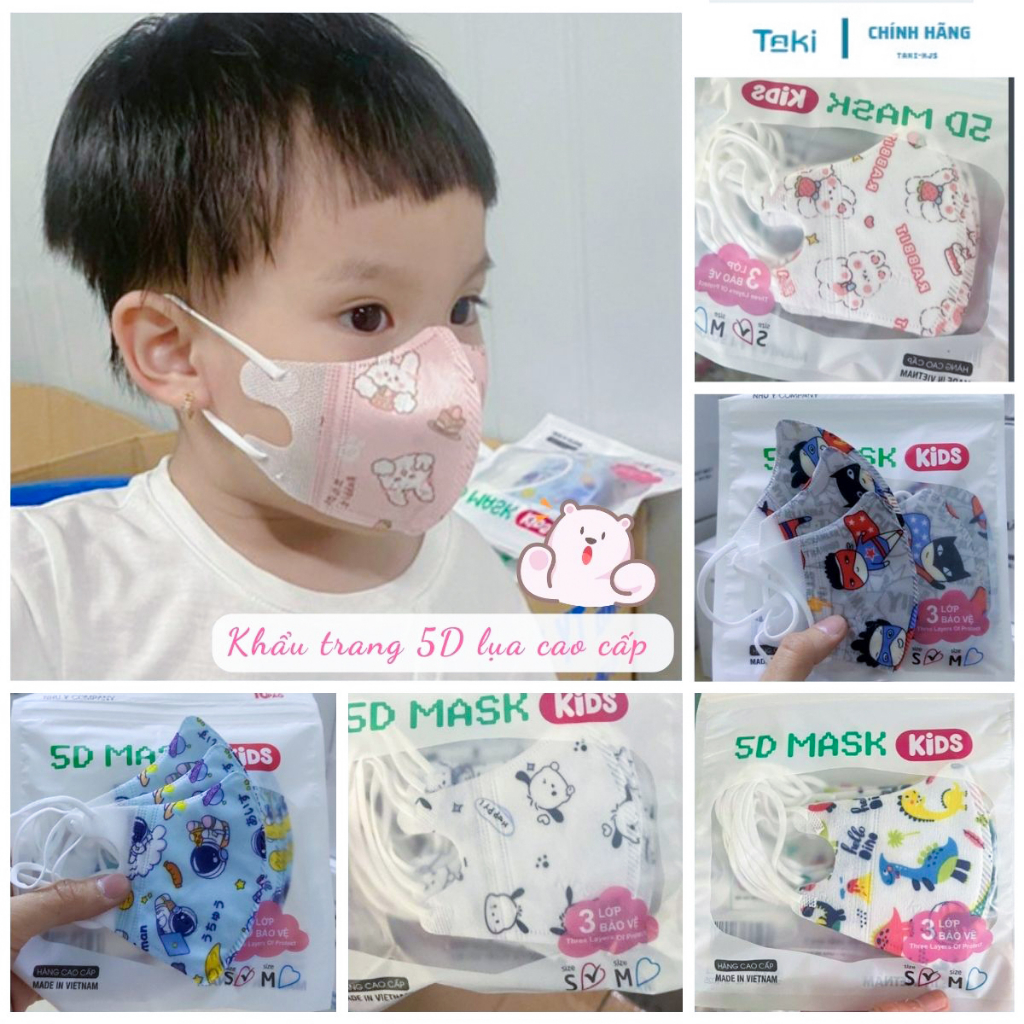 Khẩu trang 5d cute cho bé Taki size 0-5 tuổi chất liệu vải lụa in hình họa tiết đáng yêu mềm mại với da bé