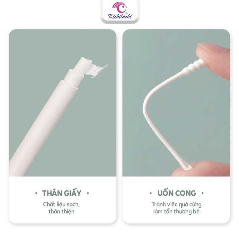 Tăm Bông Sơ Sinh Kichilachi Màu Hồng Thân Giấy 200 Que