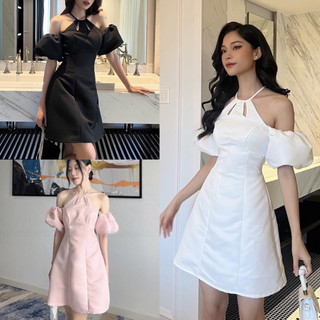 Váy tiểu thư cổ yếm giọt nước hở vai chất tafta màu đen hồng trắng dáng xoè chữ A, Đầm dự tiệc trễ vai tay bồng hàn quốc