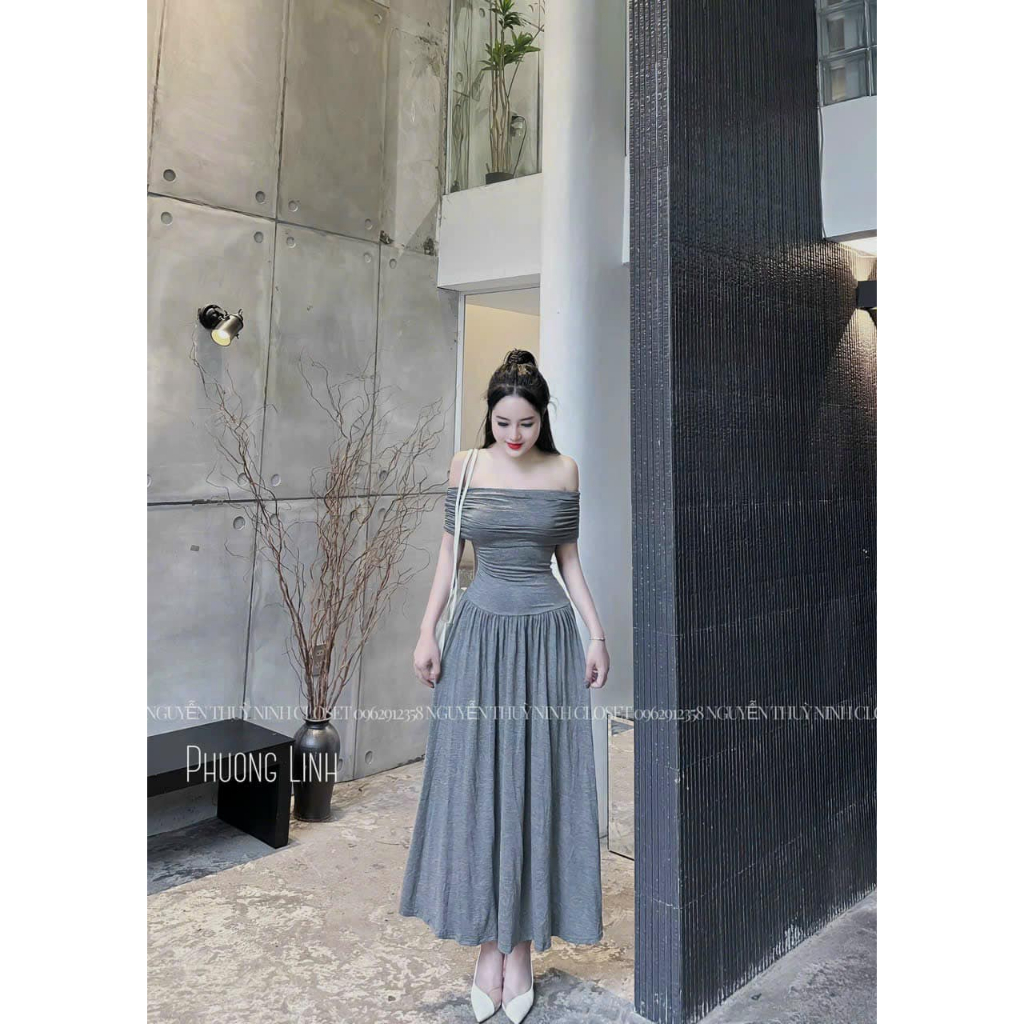 Váy cotton dẻo trễ vai dáng dài 3 màu