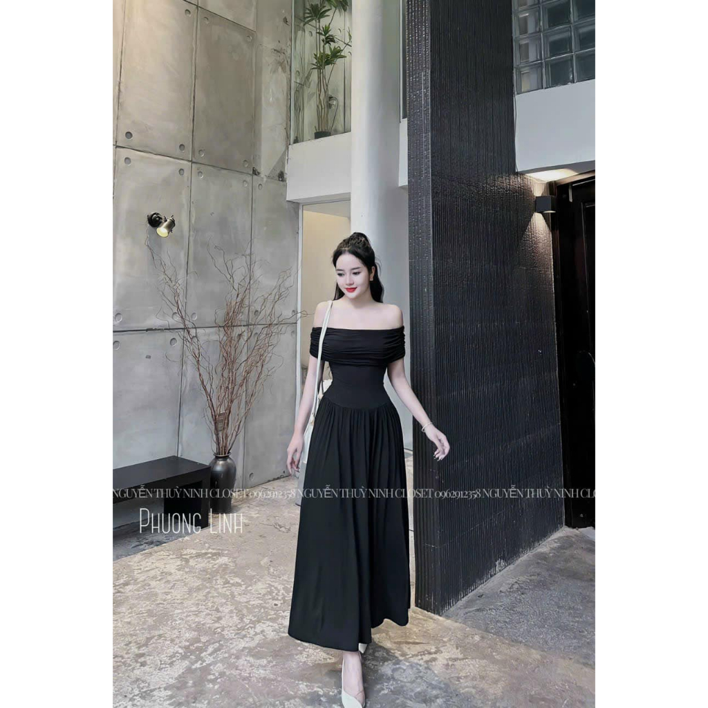 Váy cotton dẻo trễ vai dáng dài 3 màu