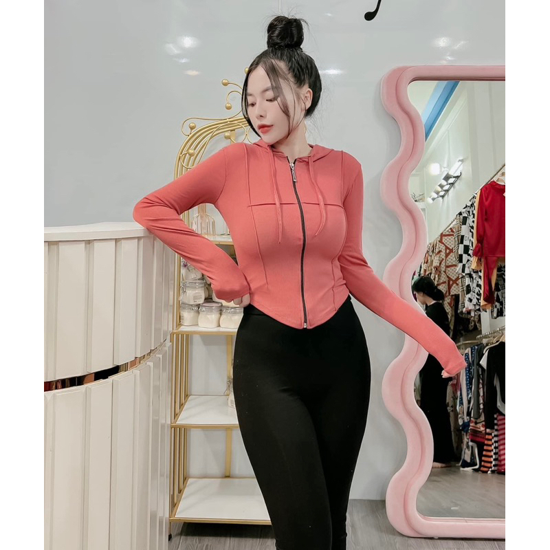 Áo khoác ủ kem thun len gân , áo khoát nhẹ tay dài dây kéo kèm nón