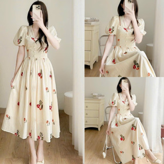 Đầm váy hoa tiểu thư tay bồng dáng dài nút bọc cổ tim khoét vai cho nàng đi dự tiệc,đi dạ hội ,đi chơi ,đi công sở