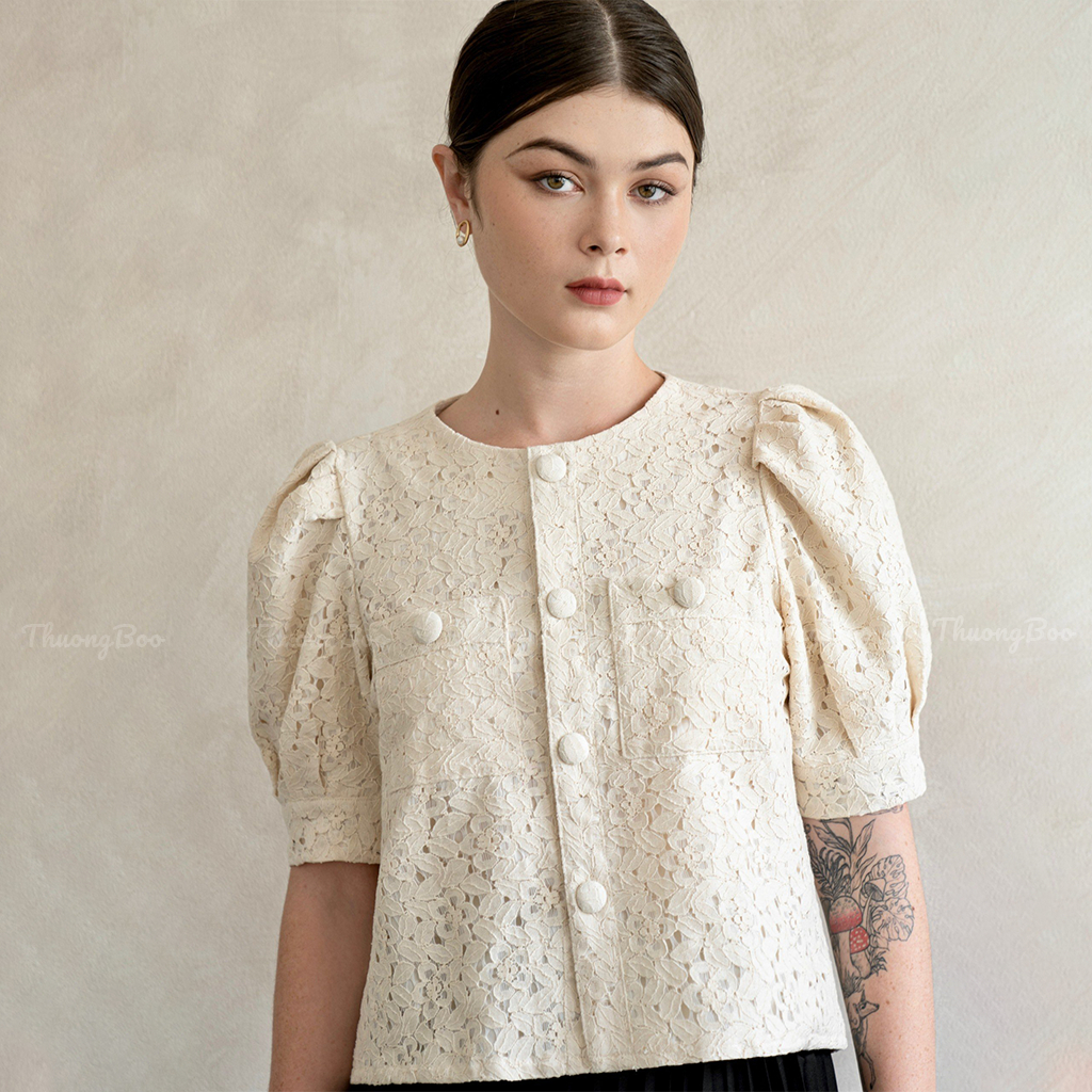 Áo Kiểu Nữ Sang Trọng Thuongboo Chất Ren Cứng Cáp Tông Màu Be Kem Tôn Da - New Camel Top