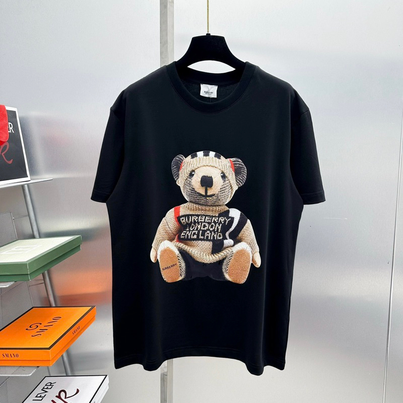 Áo phông nam nữ Premium Cotton in hình gấu bông mặc áo len kẻ BBR cute cổ bo dày dặn cao cấp