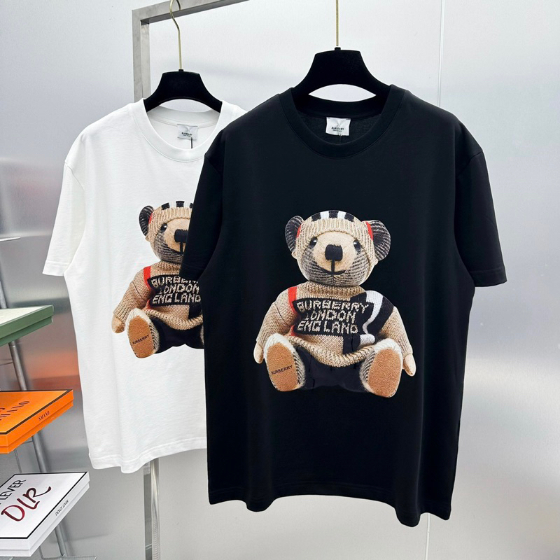 Áo phông nam nữ Premium Cotton in hình gấu bông mặc áo len kẻ BBR cute cổ bo dày dặn cao cấp
