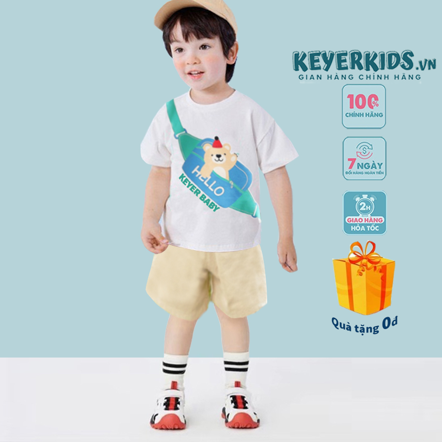 Bộ Quần Áo Bé Trai  - KEYER KIDS, Áo Thun Cotton Cộc Tay, Quần Kaki Hình in Túi Đeo Ngang SZ45