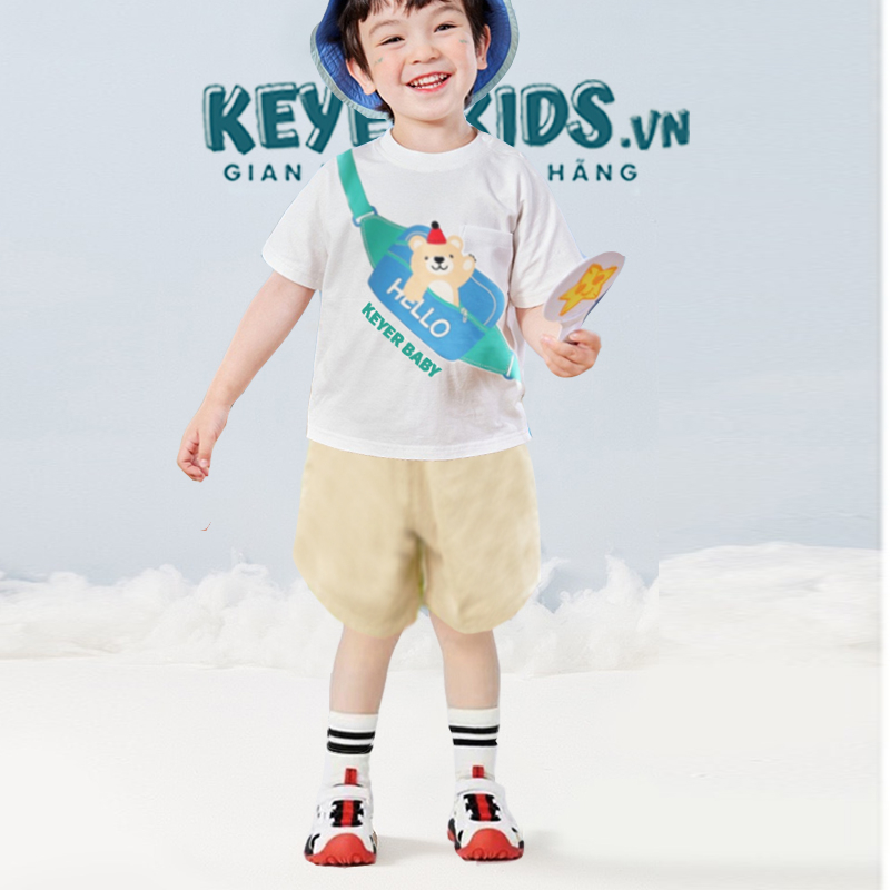 Bộ Quần Áo Bé Trai  - KEYER KIDS, Áo Thun Cotton Cộc Tay, Quần Kaki Hình in Túi Đeo Ngang SZ45