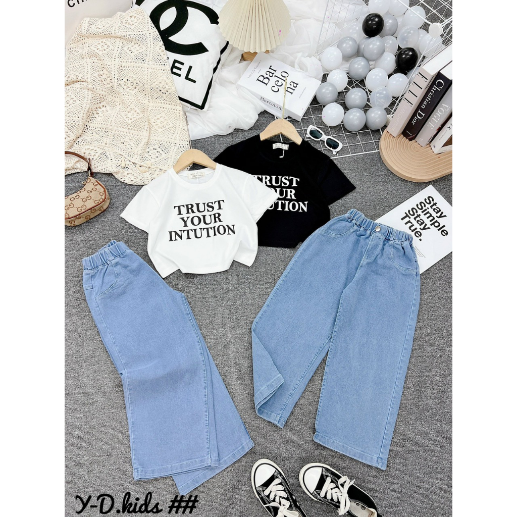 Bộ nữ Quần Jean áo cotton croptop chữ TRUST Quảng Châu cao cấp