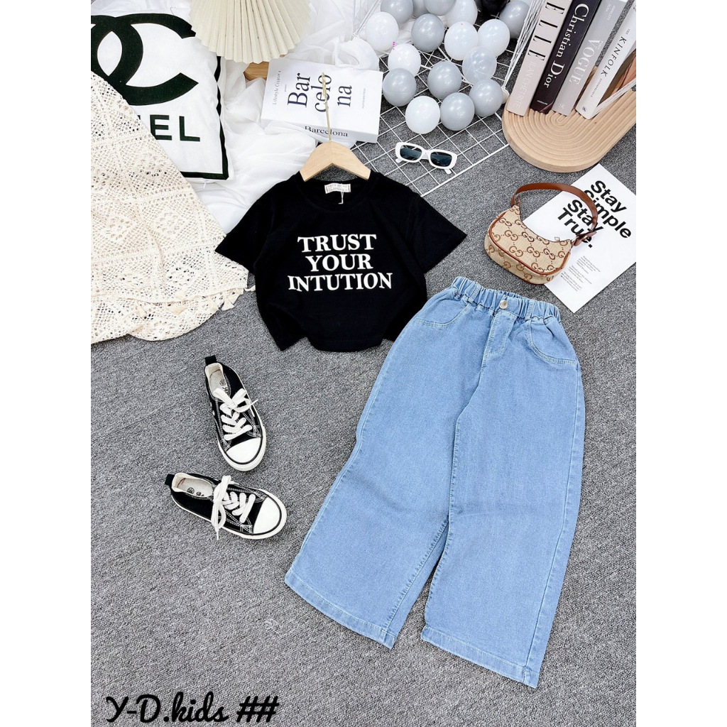 Bộ nữ Quần Jean áo cotton croptop chữ TRUST Quảng Châu cao cấp