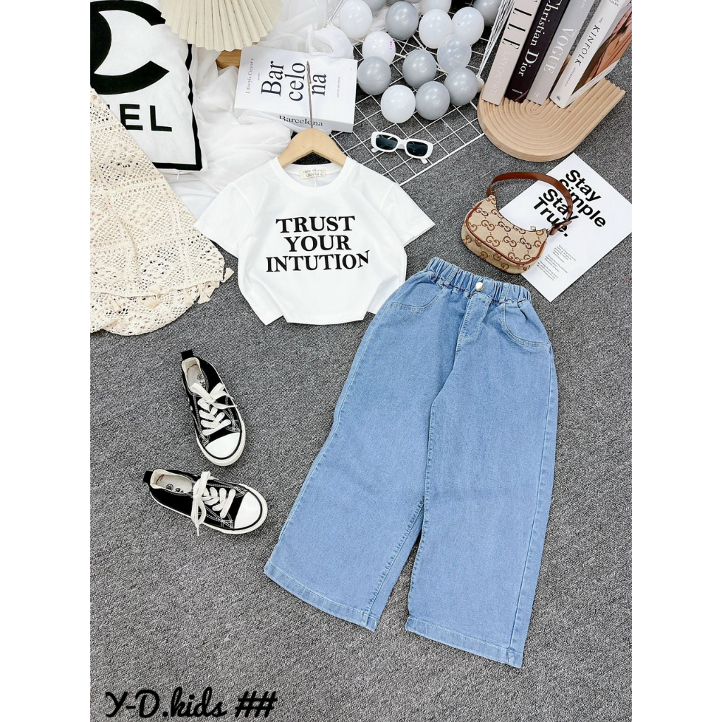 Bộ nữ Quần Jean áo cotton croptop chữ TRUST Quảng Châu cao cấp