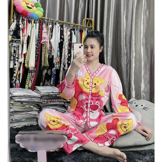 Bộ ngủ gấu boo hồng cổ v dài và ngắn tay,tk lụa tơ.tằm của 2ce