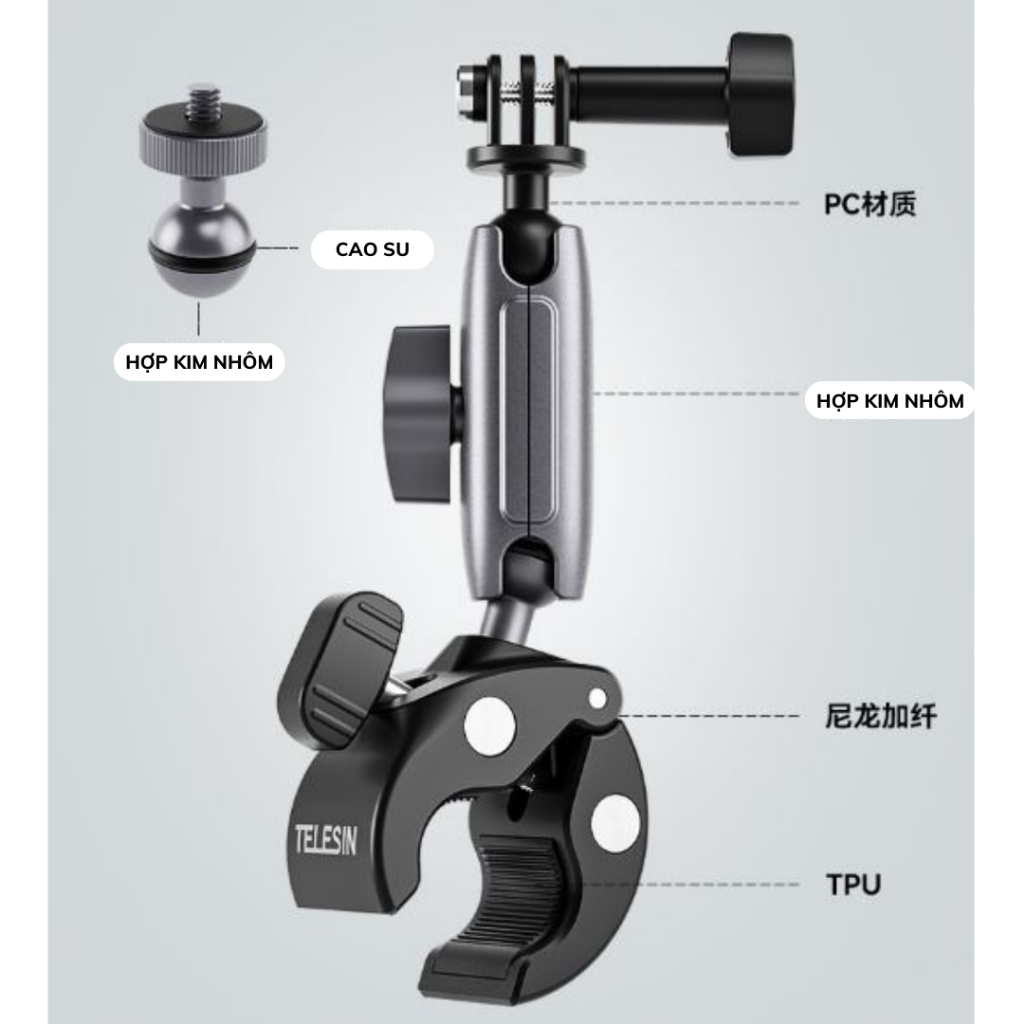 Kẹp kim loại Telesin 360 độ đa năng gắn ghi đông xe đạp xe máy gắn Actioncam, Gopro, Insta360 X2 X3 Ace Ace Pro