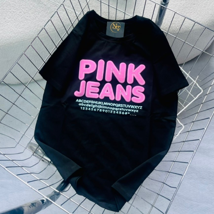 Áo Thun Nam Nữ Cotton Thái Nhập In Chữ Nổi Pink Jean Chất Cotton Mát Mẻ, Co Giãn 4 Chiều Freesize 38kg-63kg